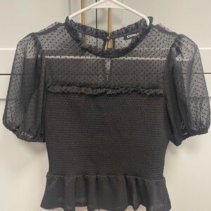 Express Black Swiss Dot Sheer Smocked Peplum Top Puff Sleeve Size XS